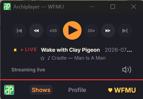 Archiplayer collapsed to a compact bar showing only the player controls and the Shows/Profile tabs.
