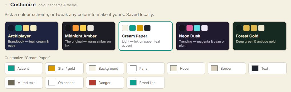 Archiplayer&rsquo;s Customize panel: five colour-scheme presets and per-colour swatches, all saved locally.