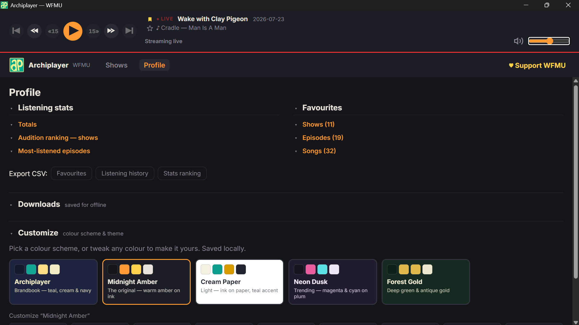 Archiplayer&rsquo;s profile view showing private listening statistics and saved shows and episodes.